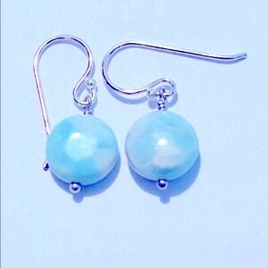 Elegant Sterling Silver & Blue Larimar Disc Dangle Earrings
